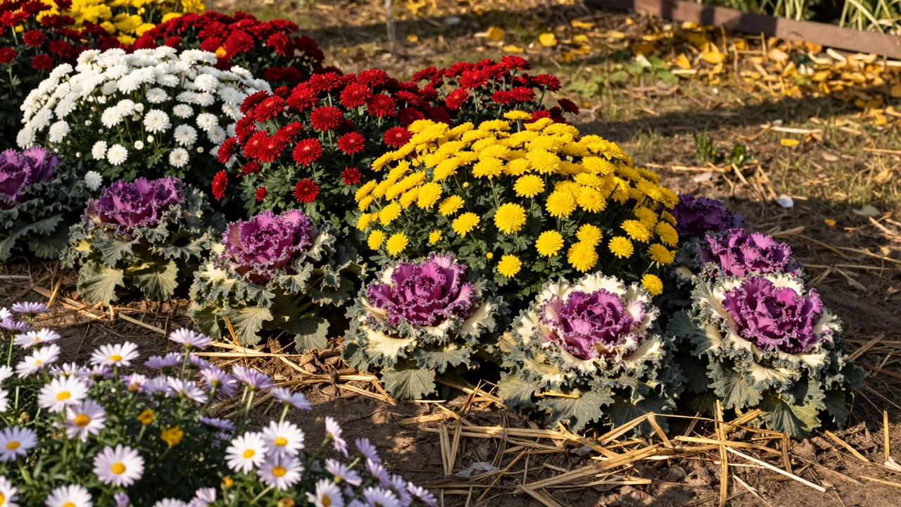 Осенний сад с хризантемами и декоративной капустой под золотым солнцем.