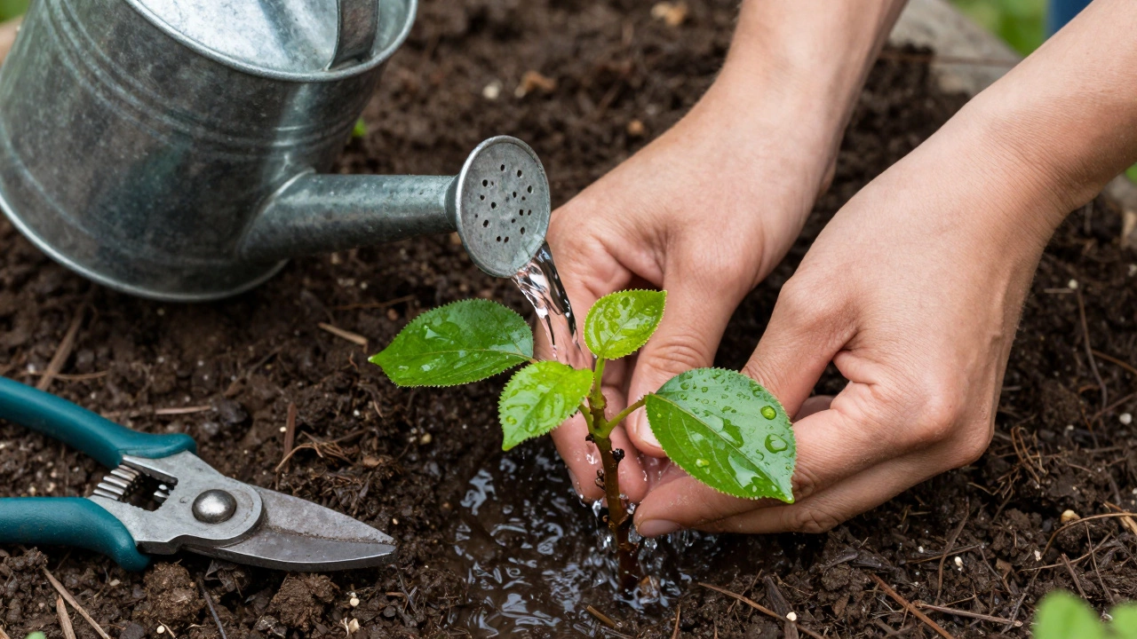 Полив молодого саженца фруктового дерева в плодородной земле