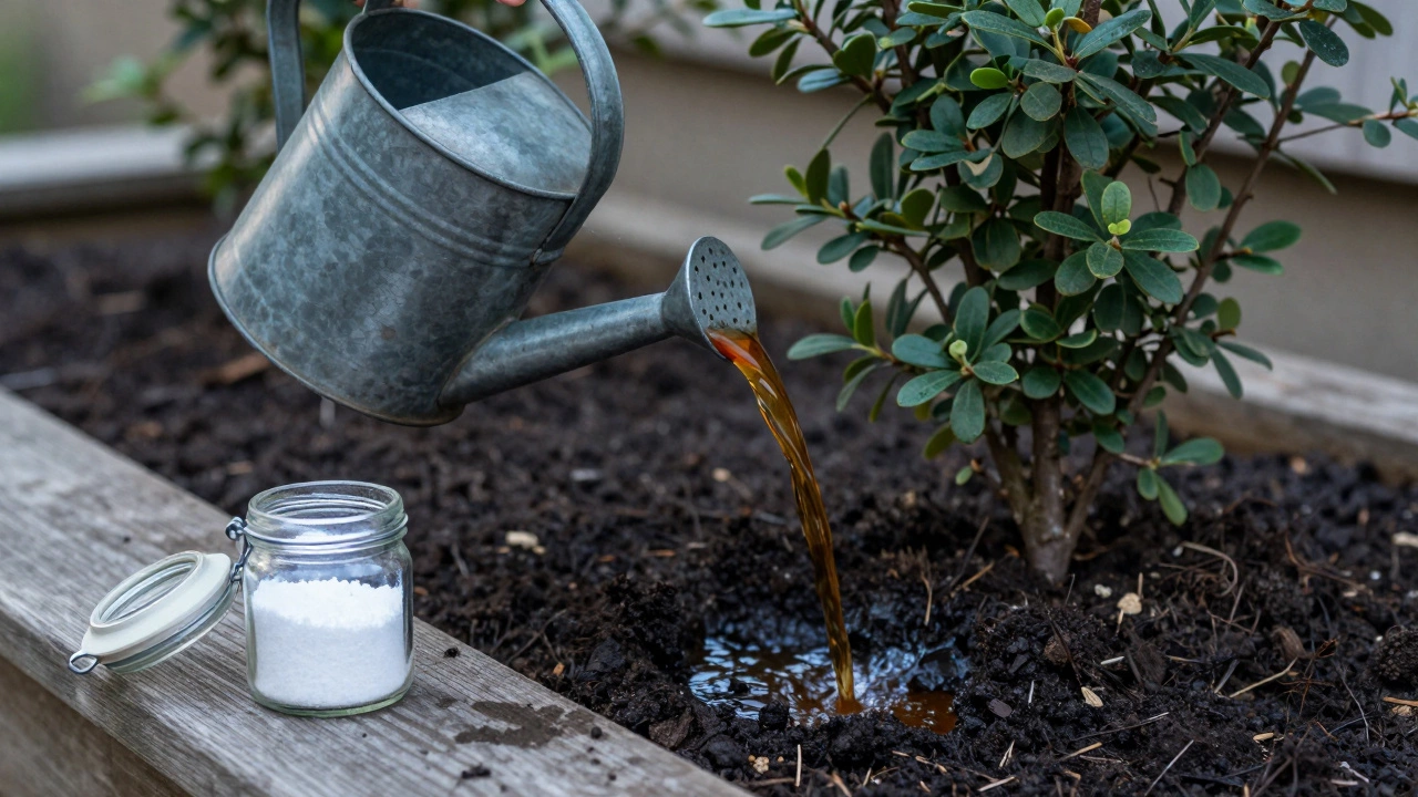 Полив почвы темной жидкостью из лейки весной