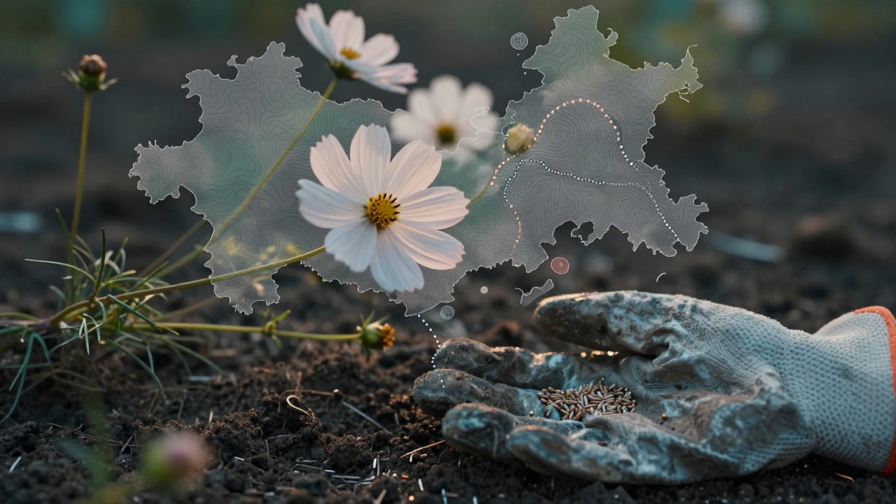Прозрачные цветы космеи на фоне карты Урала, с садовыми перчатками на земле.