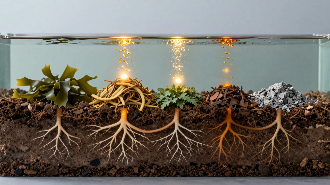 Разрез почвы с корнями, поглощающими натуральные источники калия.