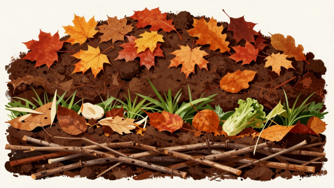 Слои компостной кучи с листьями травой и органическими отходами