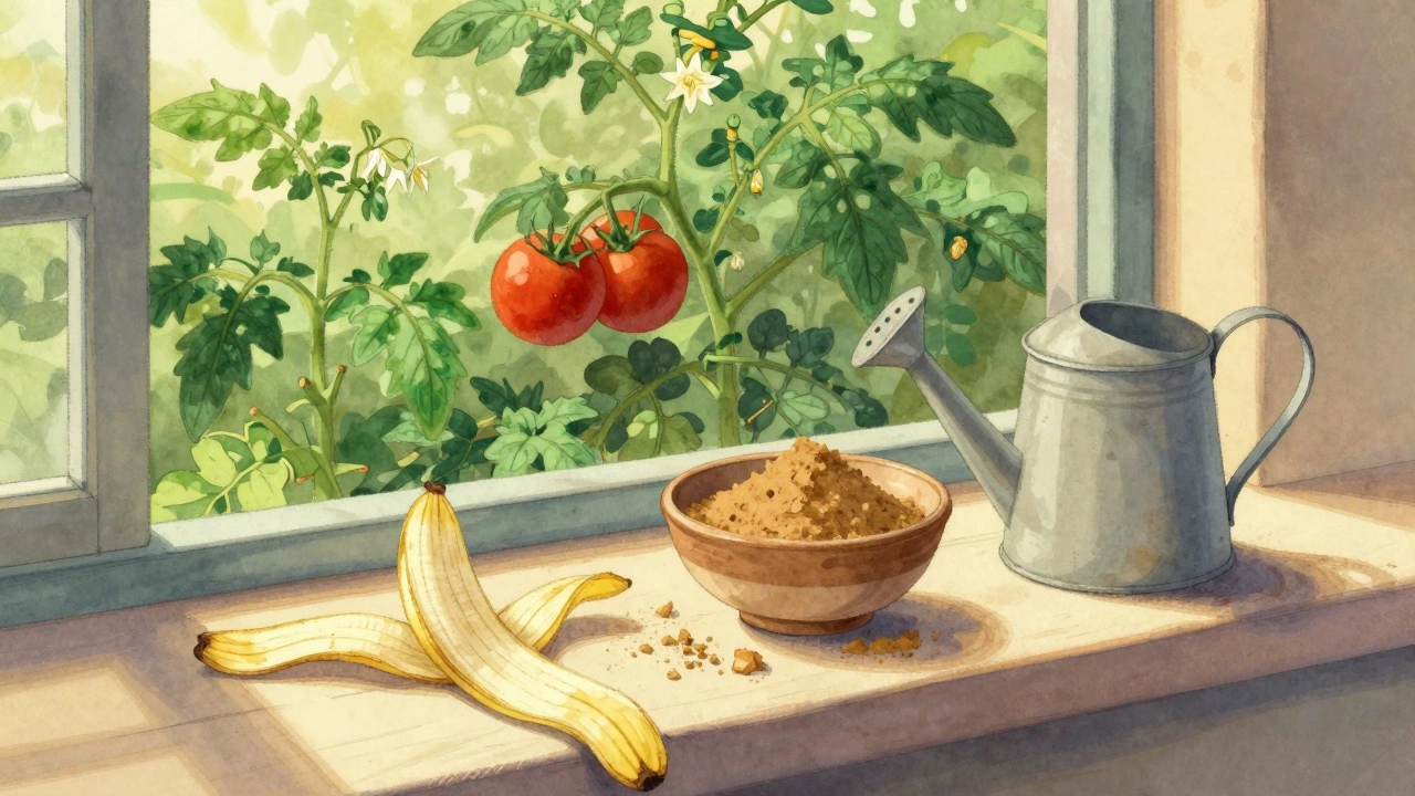 Сушеные банановые корки измельчены в порошок для подкормки растений.