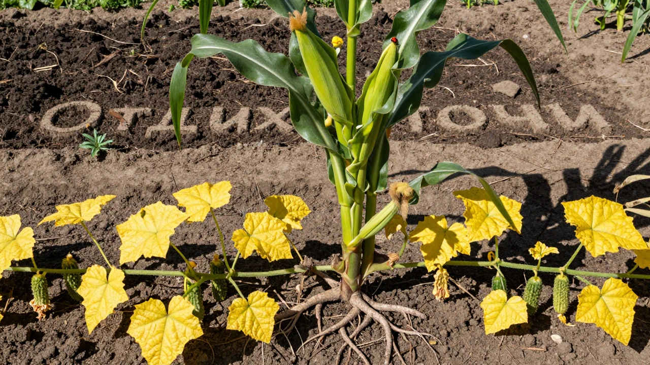 Высокая кукуруза подавляет огурцы, которые желтеют и не плодоносят на фоне отдыхающей почвы.