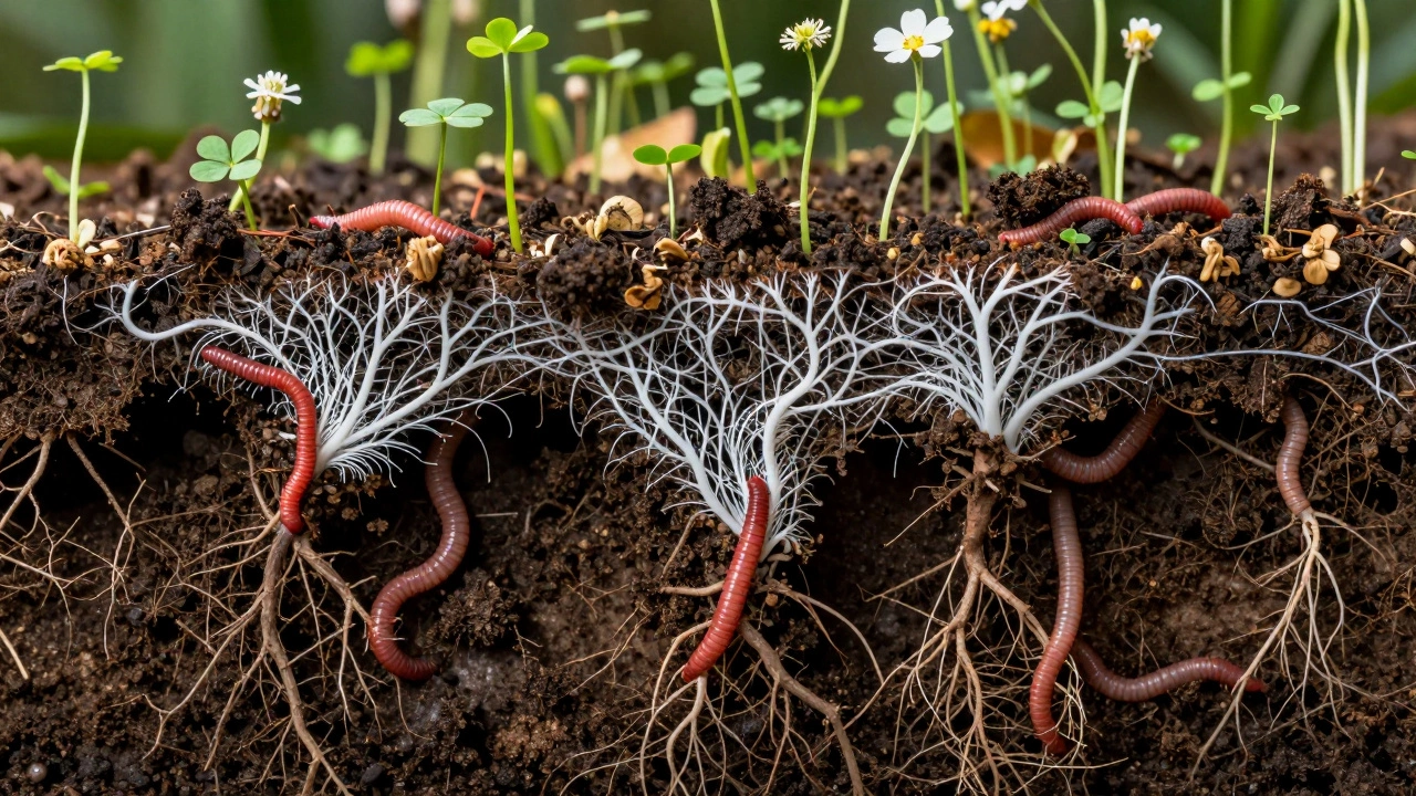 Земляные черви и корни в плодородном грунте с живой микробиотой