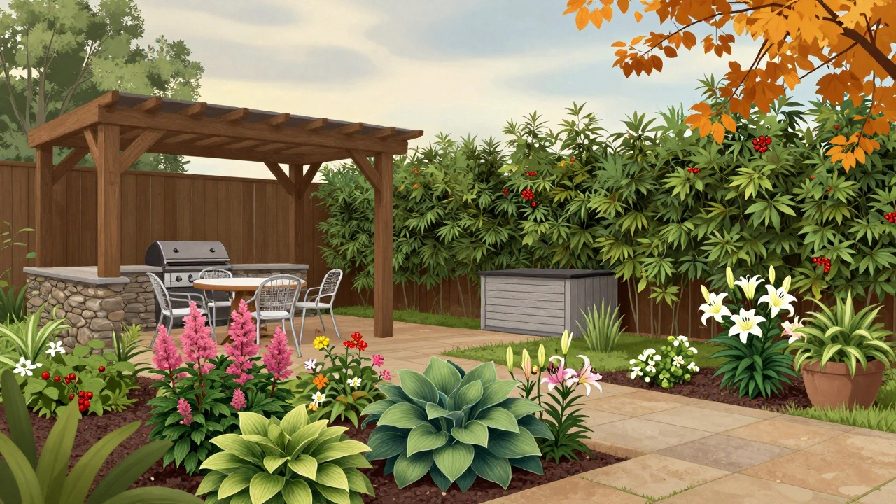 Зоны сада: цветник, зона отдыха и скрытая зона хранения, оформленные в едином стиле с натуральными материалами.