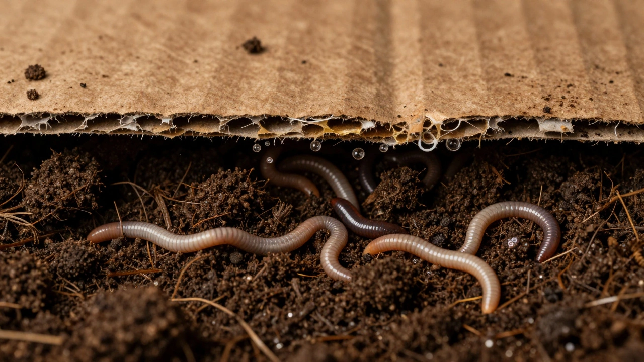 Дождевые черви в темной плодородной почве под слоем разлагающегося картона