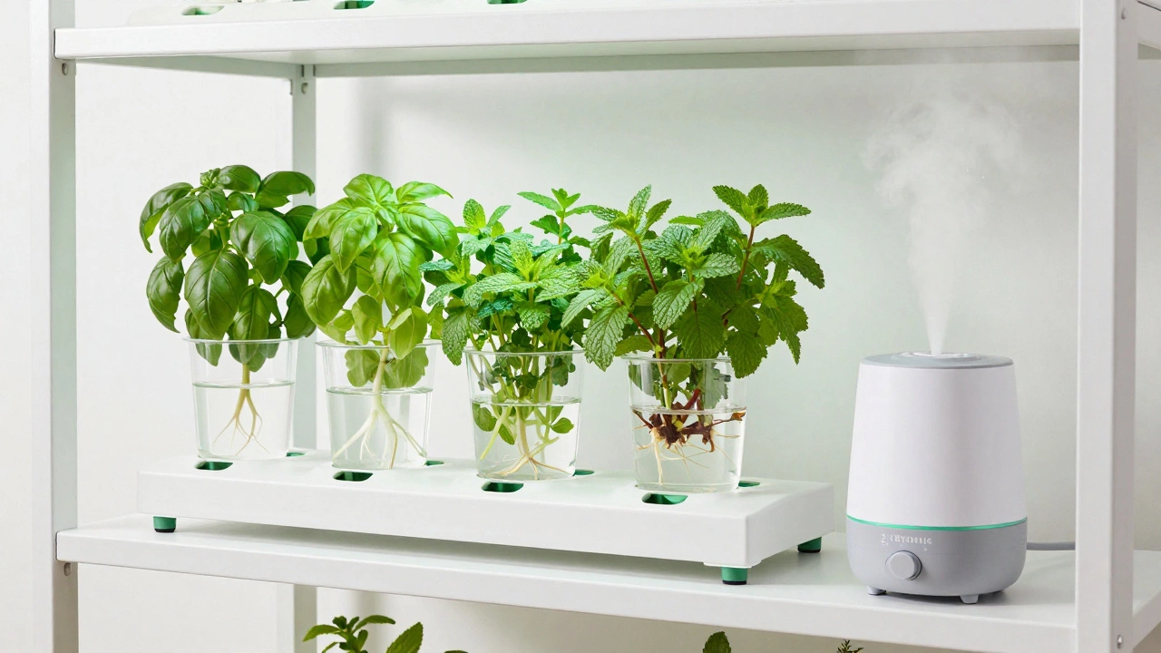 Гидропонная установка с базиликом и мятой на белом стеллаже