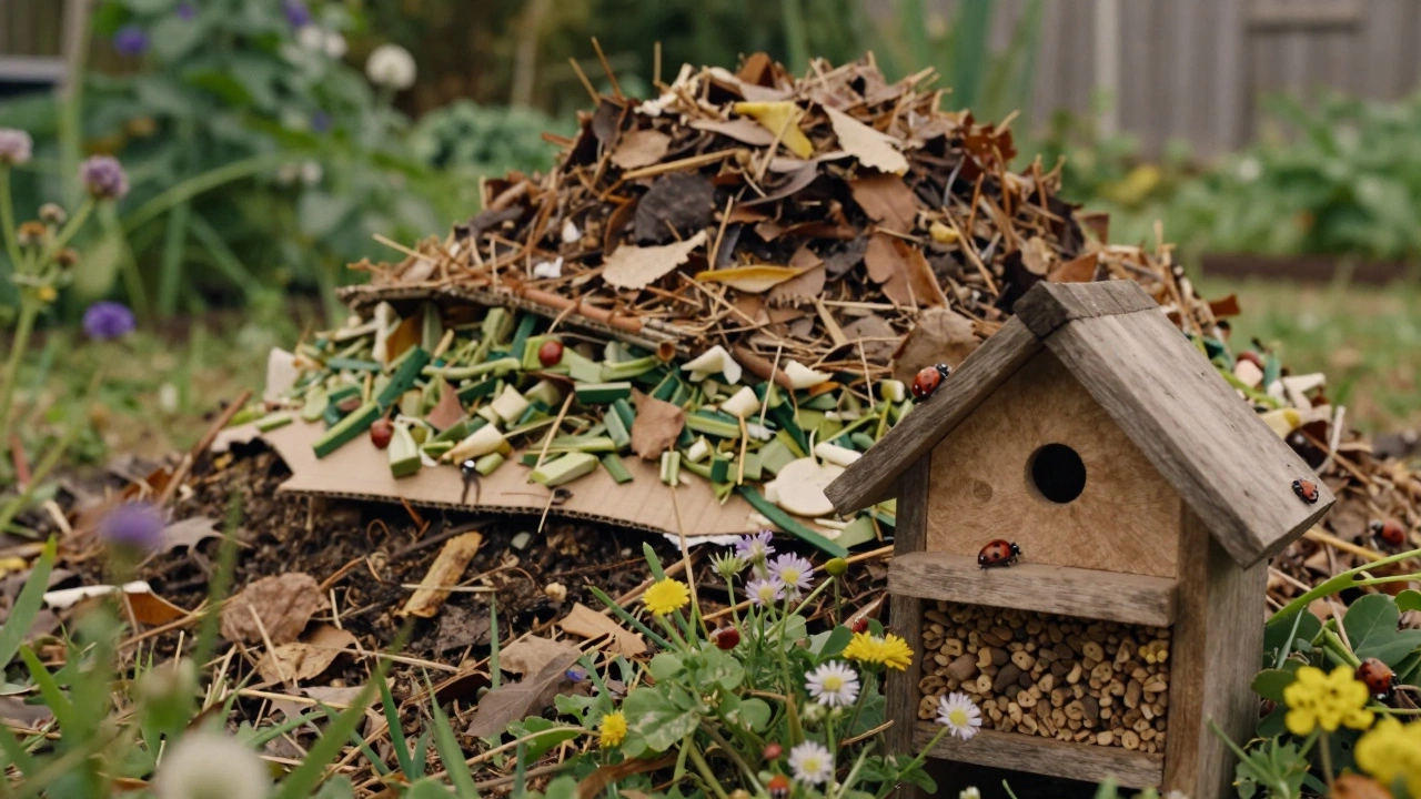 Компостная куча и домик для насекомых в натуральном саду
