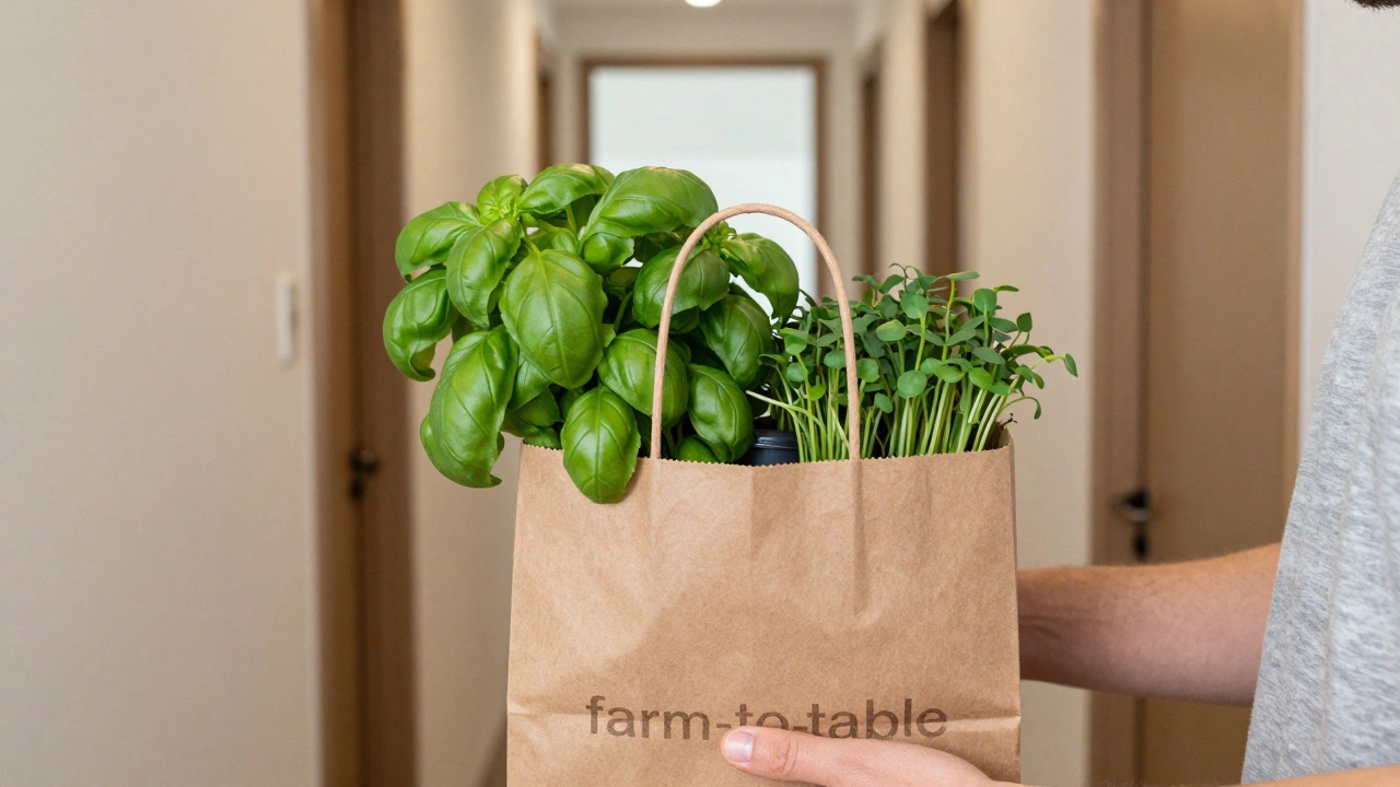 Крафтовая упаковка свежей зелени для доставки соседям по дому