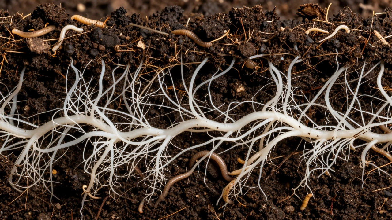 Макроснимок структуры здоровой почвы с микоризой и дождевыми червями