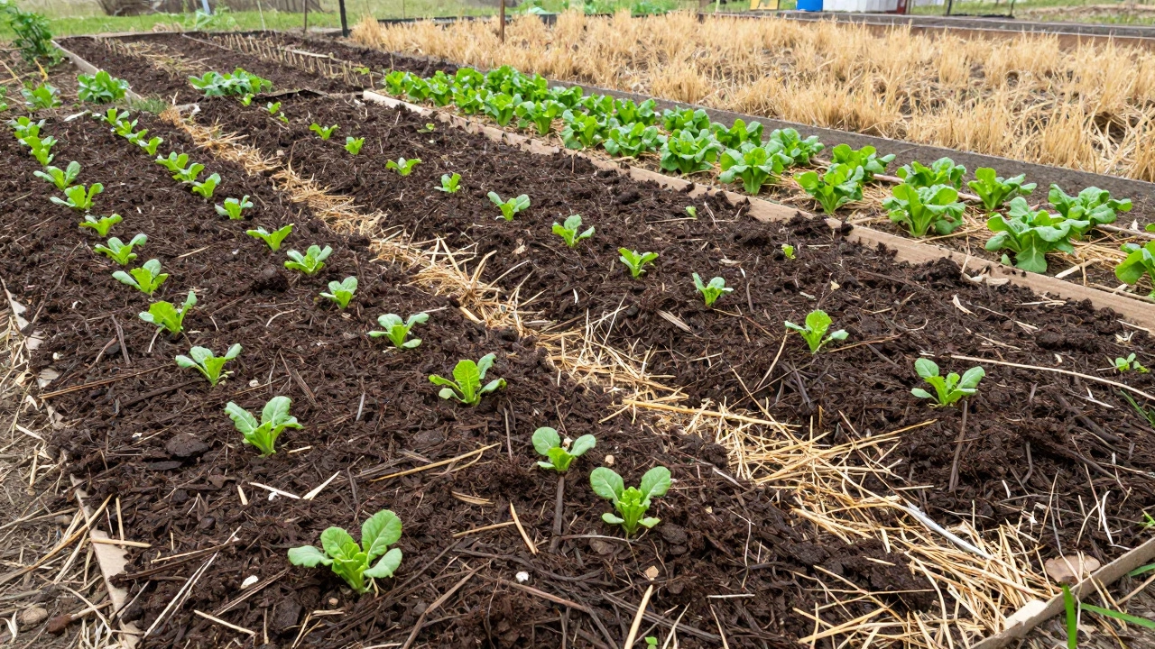 Огород с грядками под слоем мульчи и молодыми рассадами овощей