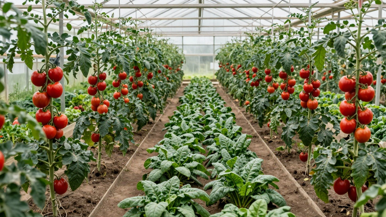 Организованная грядка в теплице с рядами спелых помидоров и зеленой свеклой в междурядьях