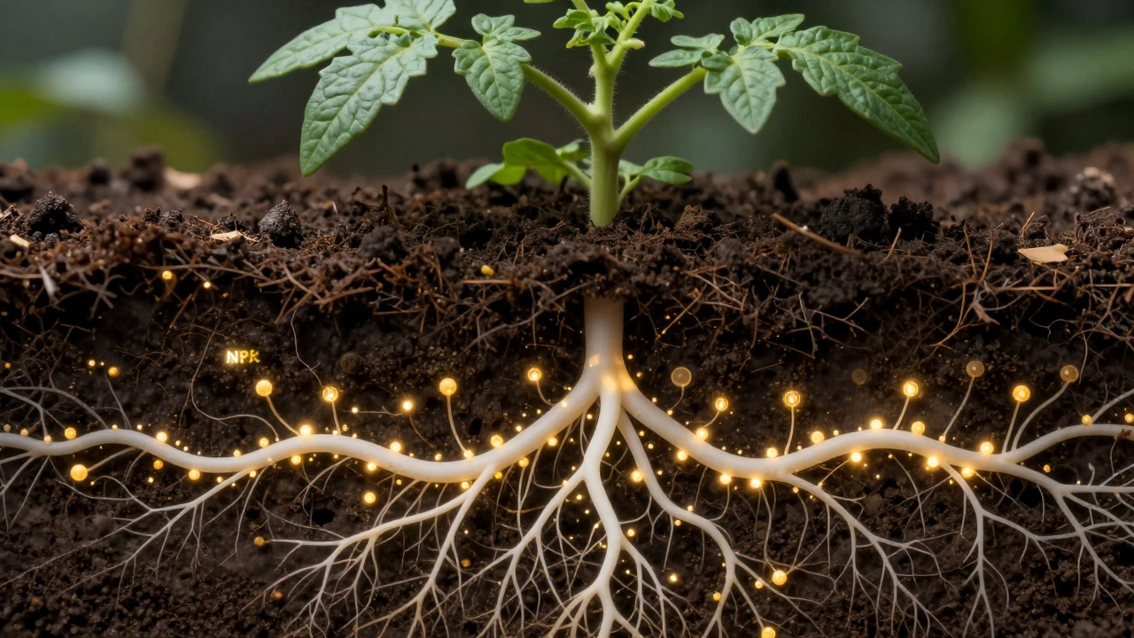 Схематичное изображение корней растений и полезных микроорганизмов в почве