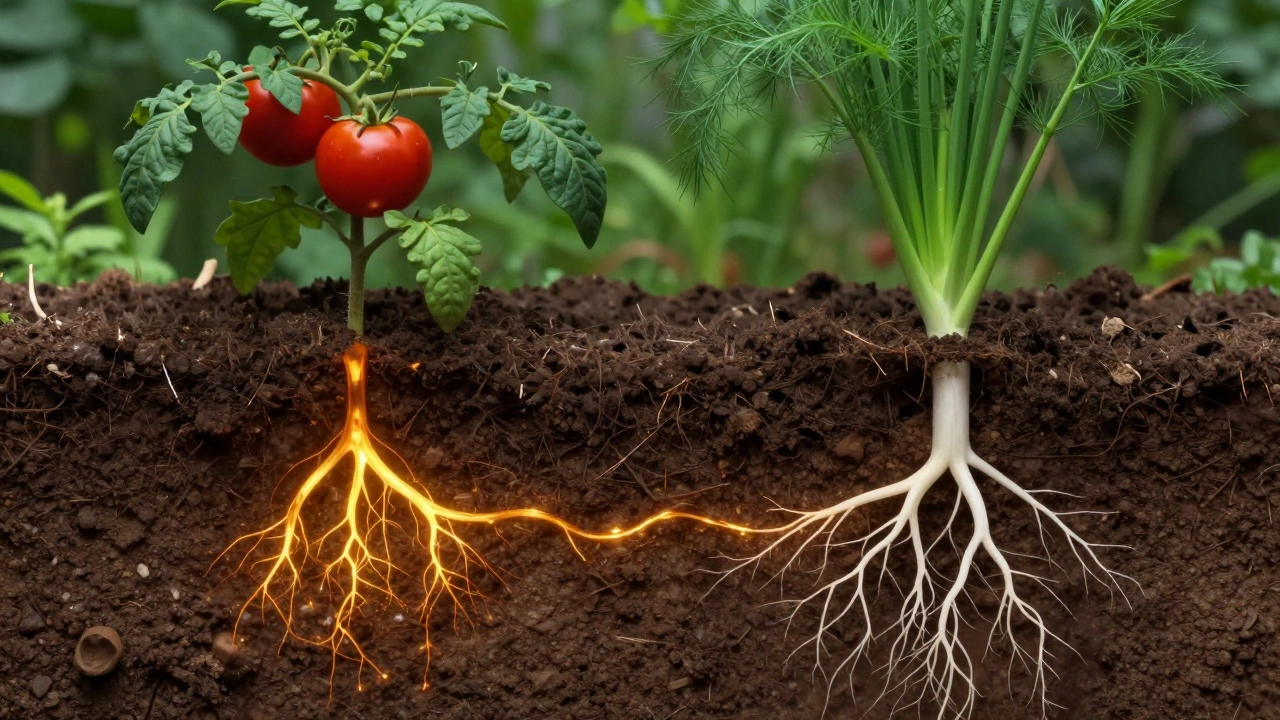 Схематичное изображение влияния корней фенхеля на корни томата в почве