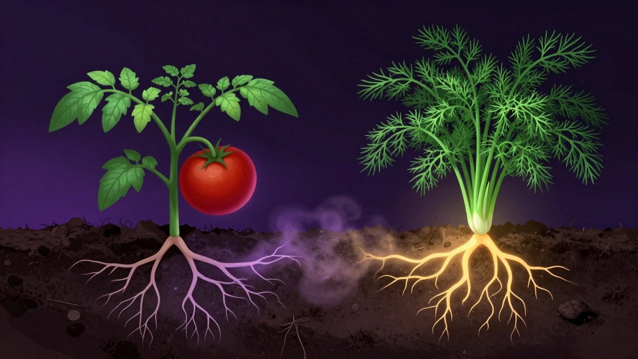 Схематичное изображение влияния корней укропа на рост томатов под землей