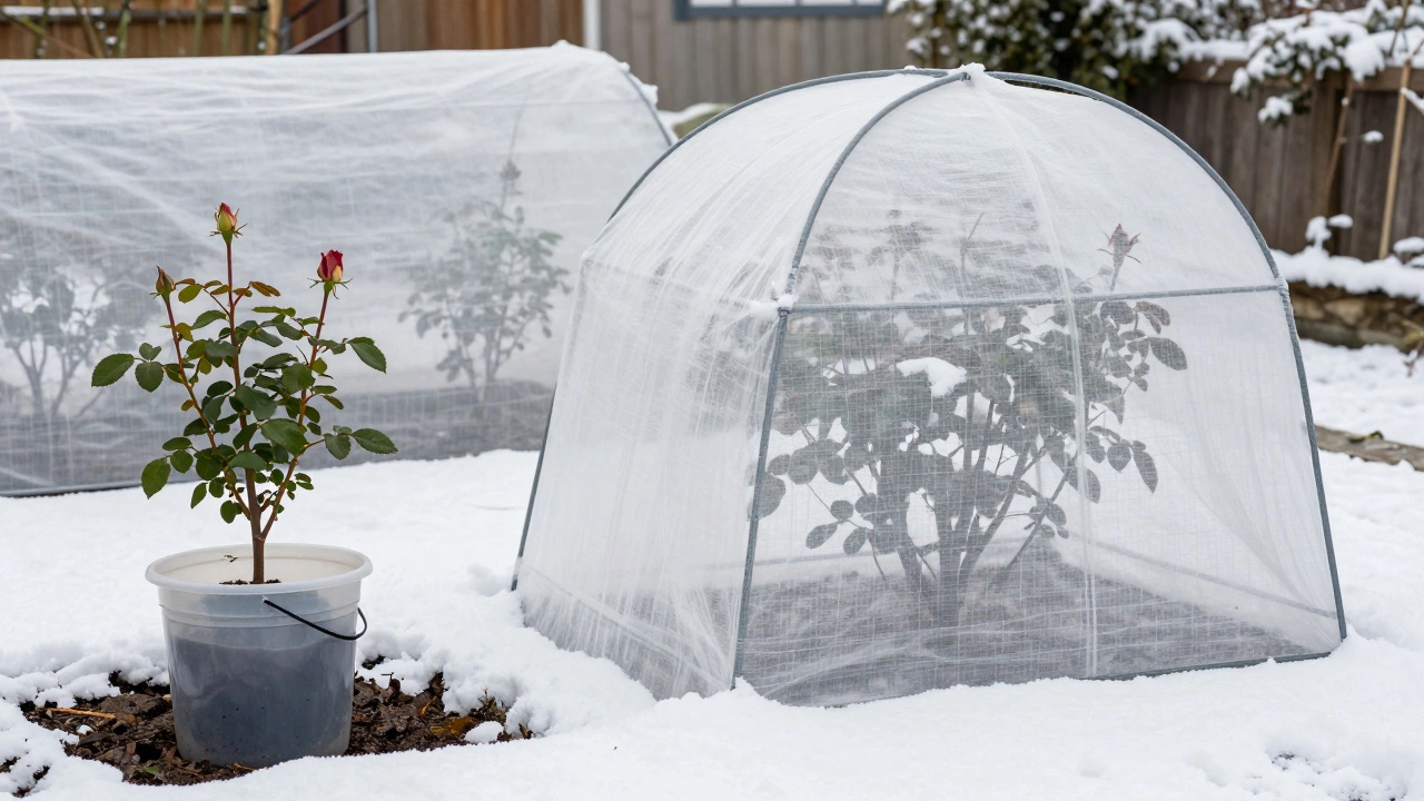 Сравнение укрытия розы ведром и профессиональным каркасом из дуг с агроволокном