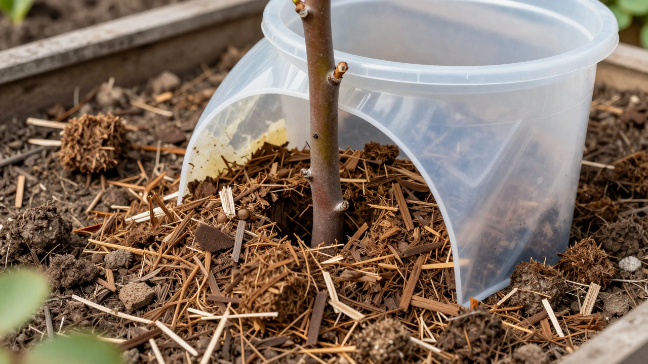 Защита прививочного узла розы сухим торфом под пластиковым ведром