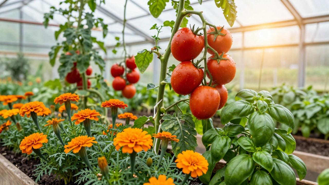 Здоровые помидоры, посаженные вместе с бархатцами и базиликом