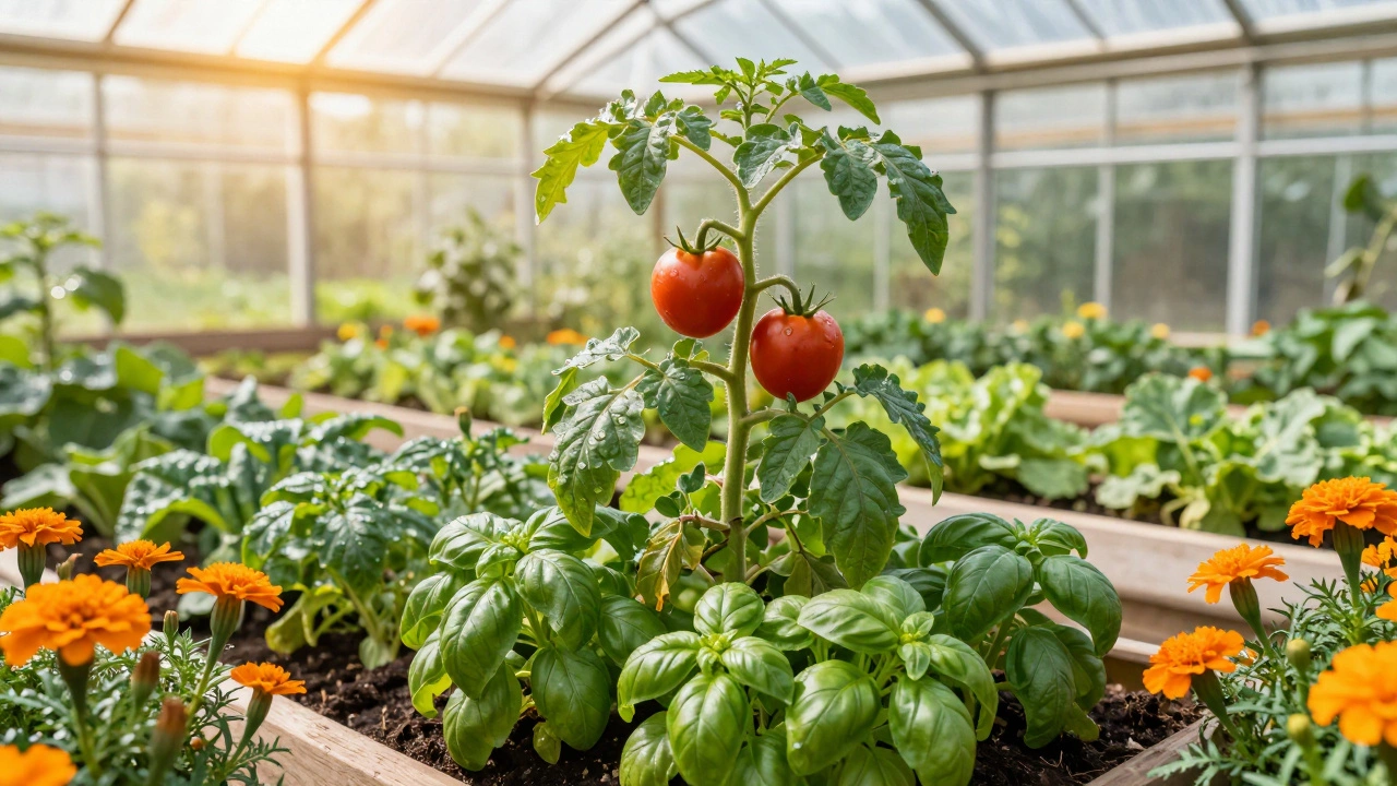 Здоровый куст помидоров в окружении базилика и оранжевых бархатцев в теплице